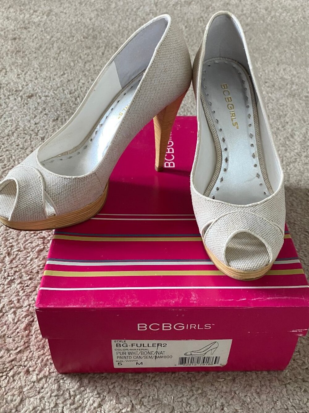 BGBGirls Bone Peep Toe Platform Pumps – Linen Look – Sz 5 – GREAT Shape